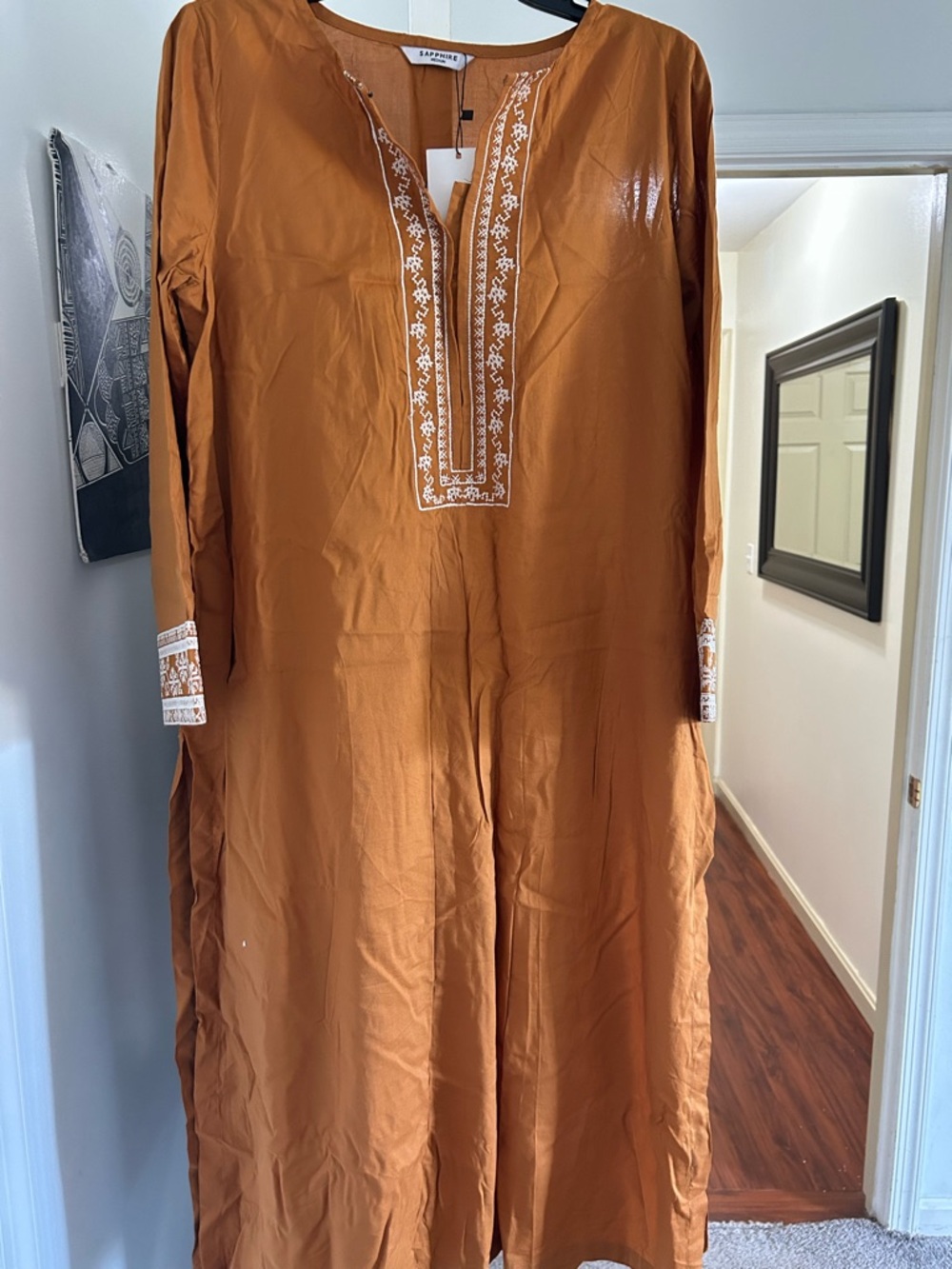 Women's Long Sleeve Embroidered Tunic Dress in Rust